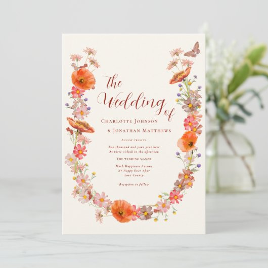 Boho Wildblume Butterfly Wedding QR Code Einladung (Stehend Vorderseite)