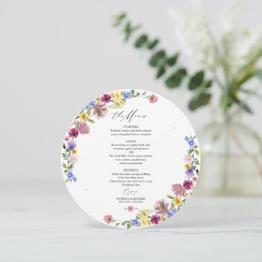 Boho Wildblume Circle Wedding Menu Card Einladung (Stehend Vorderseite)