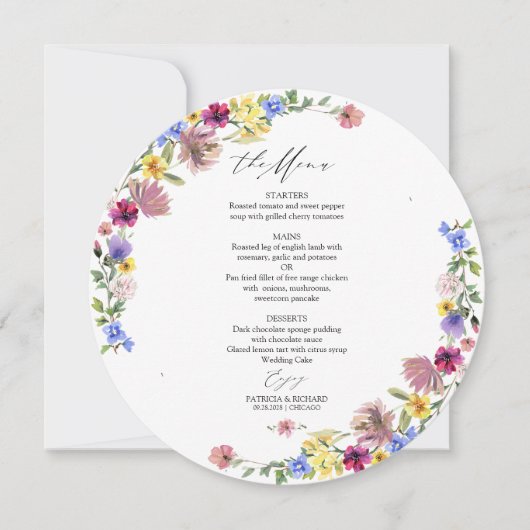 Boho Wildblume Circle Wedding Menu Card Einladung (Vorderseite)
