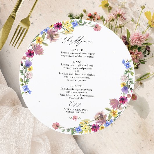 Boho Wildblume Circle Wedding Menu Card Einladung