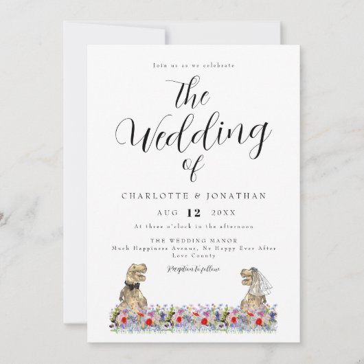 Boho Wildblume Dinosaur Wedding QR Code Einladung (Vorderseite)