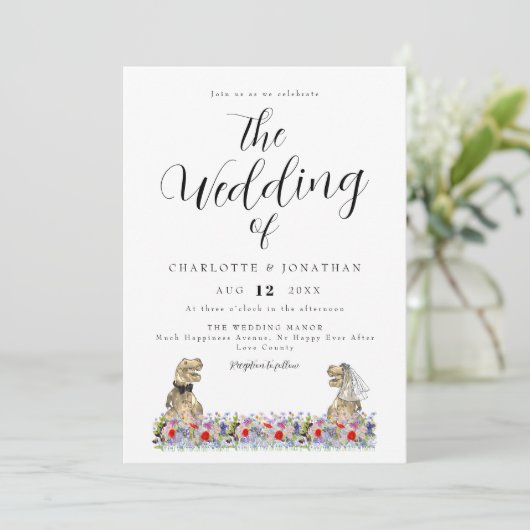 Boho Wildblume Dinosaur Wedding QR Code Einladung (Stehend Vorderseite)