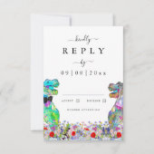 Boho Wildblume Dinosaur Wedding Reply RSVP Karte (Vorderseite)