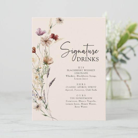 Boho Wildblume Drinks Wedding Menükarte (Stehend Vorderseite)