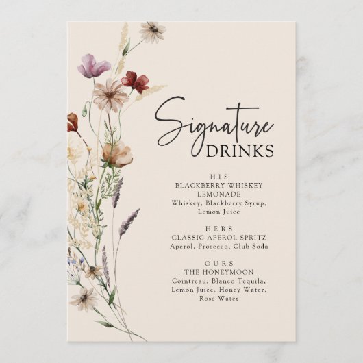 Boho Wildblume Drinks Wedding Menükarte (Vorderseite)