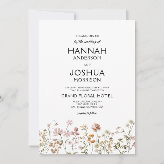 Boho Wildblume Elegante Garden Wedding Einladung (Vorderseite)