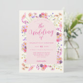 Boho Wildblume Elegante Rosa Hochzeit Einladung (Stehend Vorderseite)