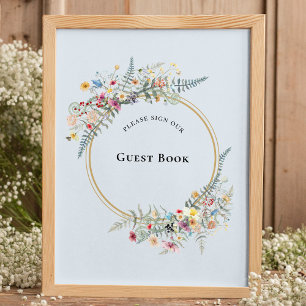 Boho Wildblume Fern Dusty Blue Guest Book Sign Poster