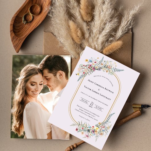 Boho Wildblume Fern Lavender Wedding Foto Einladung