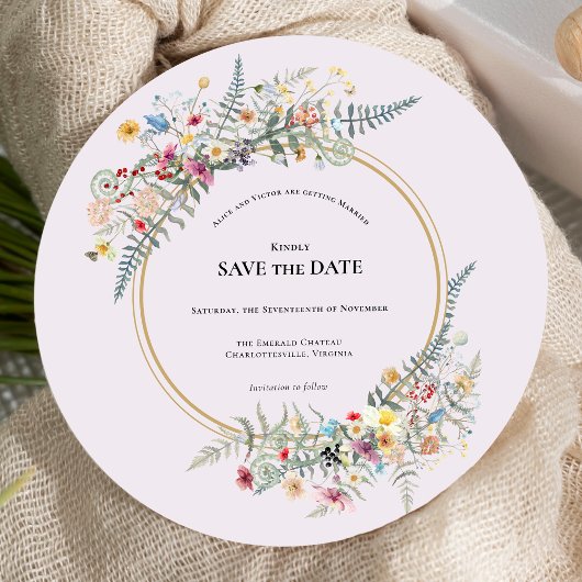 Boho Wildblume Fern Lavender Wedding Round Save The Date