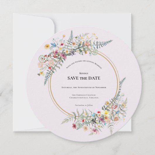Boho Wildblume Fern Lavender Wedding Round Save The Date (Vorderseite)
