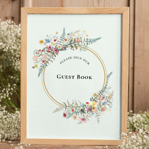 Boho Wildblume Fern Mint Green Guest Book Sign Poster