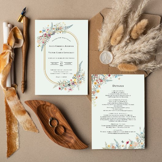 Boho Wildblume Fern Mint Green Wedding Details Einladung