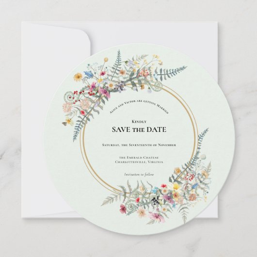 Boho Wildblume Fern Mint Green Wedding Round Save The Date (Vorderseite)