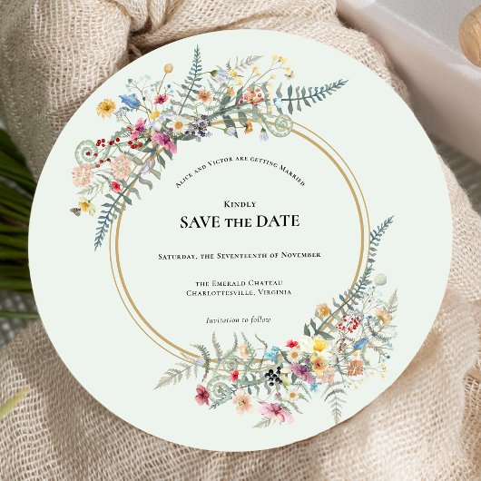 Boho Wildblume Fern Mint Green Wedding Round Save The Date