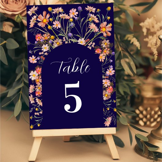 Boho Wildblume Floral Arch Navy Blue Wedding Tischnummer