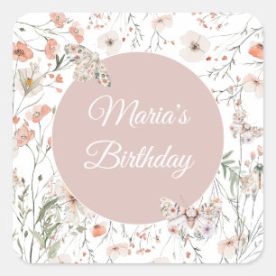 Boho Wildblume Floral Baby Birthday Quadratischer Aufkleber
