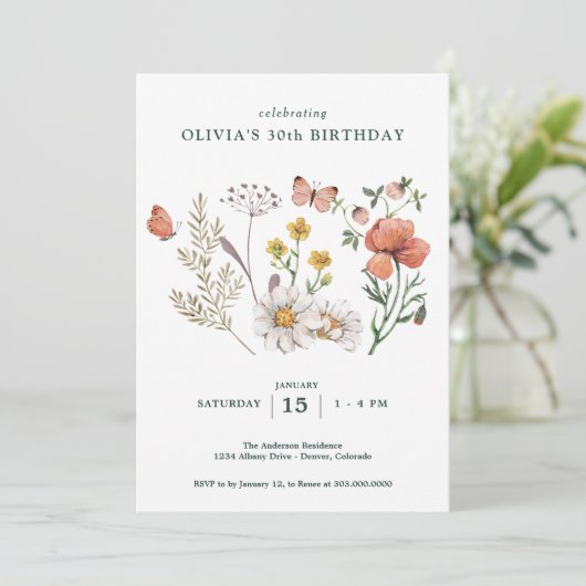 Boho Wildblume Floral Birthday Einladung (Stehend Vorderseite)