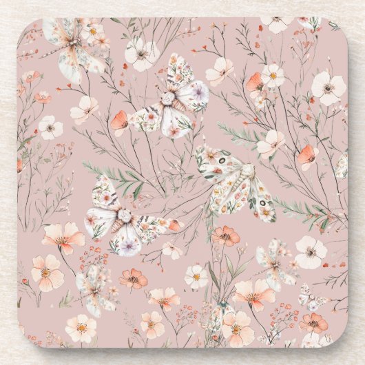 Boho Wildblume Floral Butterfly Getränkeuntersetzer (Vorderseite)