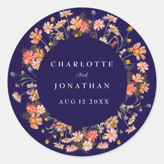 Boho Wildblume Floral Navy Blue Wedding Runder Aufkleber (Vorderseite)
