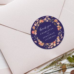Boho Wildblume Floral Navy Blue Wedding Vielen Dan Runder Aufkleber