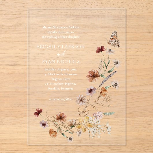 Boho Wildblume Floral QR Code Foto Hochzeit Acryleinladungen (Vorderseite)