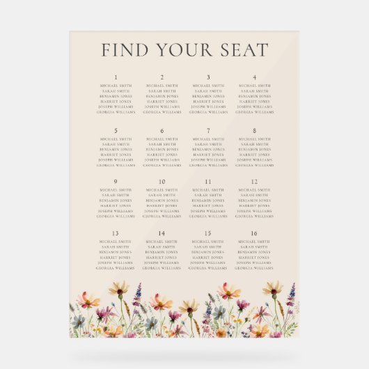 Boho Wildblume Floral Wedding Chart Acrylschild (Vorderseite)