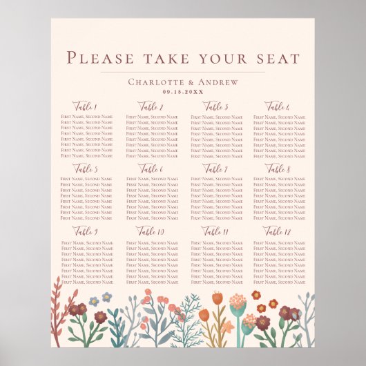 Boho Wildblume Floral Wedding Chart Poster (Vorne)