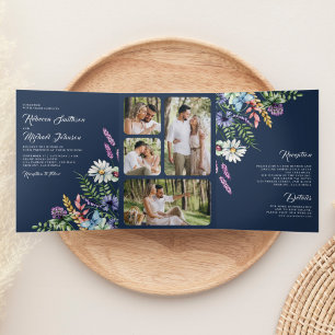 Boho Wildblume Foto All in One Navy Blue Wedding Dreifach Gefaltete Einladung
