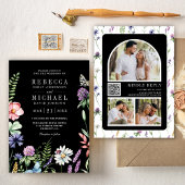 Boho Wildblume Foto QR Code Black Wedding Einladung
