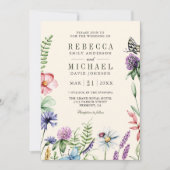 Boho Wildblume Foto QR Code Cream Wedding Einladung (Vorderseite)