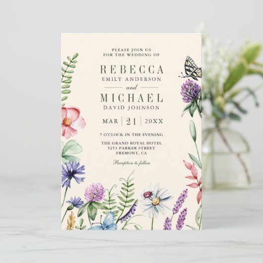 Boho Wildblume Foto QR Code Cream Wedding Einladung (Stehend Vorderseite)