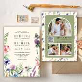 Boho Wildblume Foto QR Code Cream Wedding Einladung