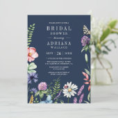 Boho Wildblume Foto QR Code Navy Brautparty Einladung (Stehend Vorderseite)