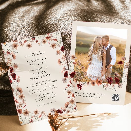Boho Wildblume Foto QR Code UAWG Wedding Einladung