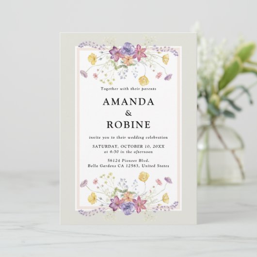 Boho Wildblume Garden Wedding Einladung (Stehend Vorderseite)