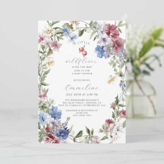 Boho Wildblume Girl Baby in Bloom Baby Dusche Einladung (Stehend Vorderseite)