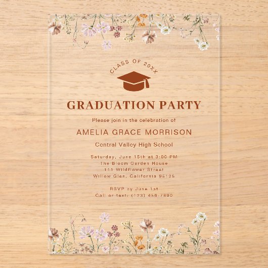 Boho Wildblume Graduation Party Boho Bloom Acryleinladungen (Vorderseite)