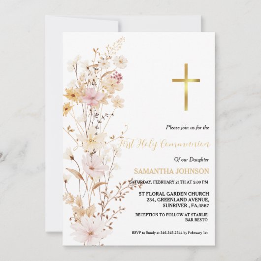Boho Wildblume Grass Girl Erste Heilige Kommune Einladung (Vorderseite)