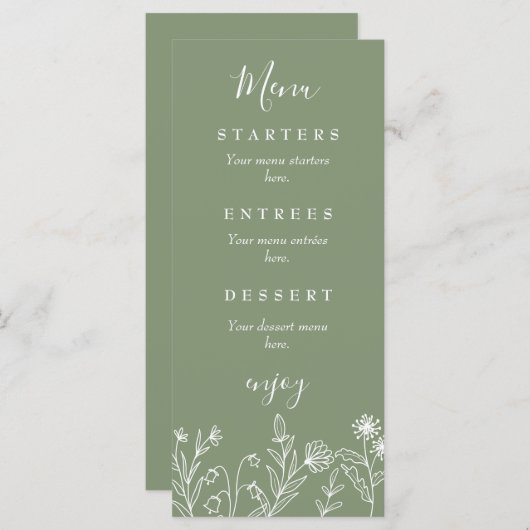 Boho Wildblume Grüne Hochzeit Menükarte (Vorne/Hinten)