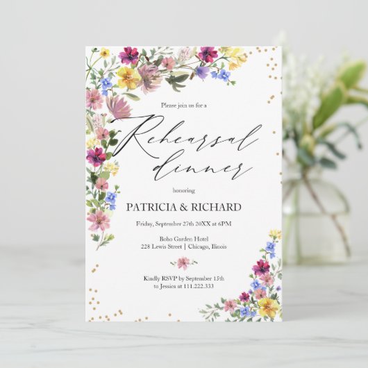 Boho Wildblume Hochzeit Probe Dinner Einladung (Stehend Vorderseite)
