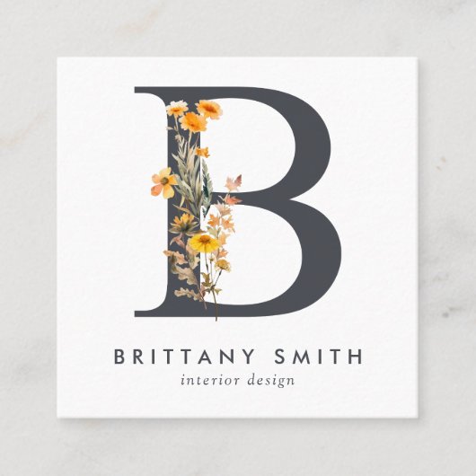 Boho Wildblume Initial B QR Code Quadratische Visitenkarte (Vorderseite)