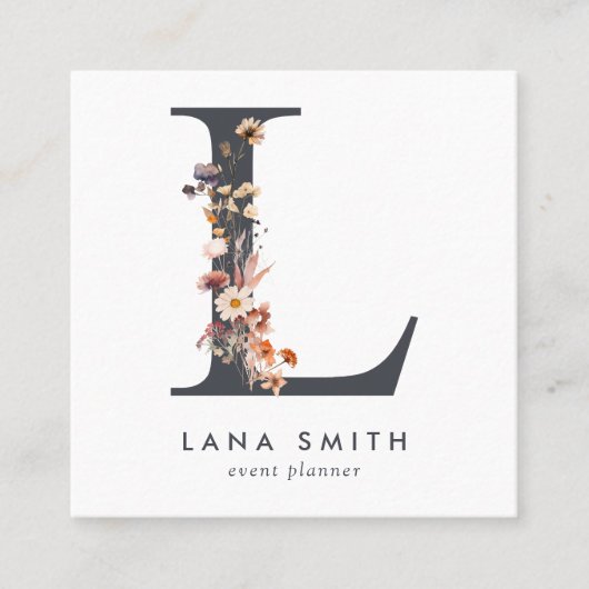 Boho Wildblume Initial L QR Code Quadratische Visitenkarte (Vorderseite)