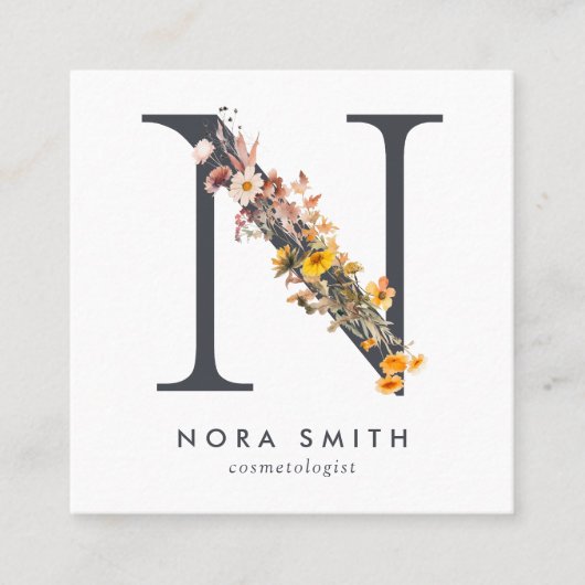 Boho Wildblume Initial N QR Code Quadratische Visitenkarte (Vorderseite)