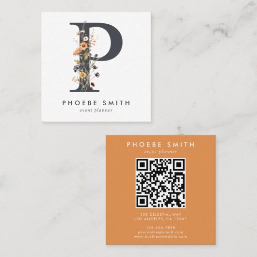 Boho Wildblume Initial P QR Code Quadratische Visitenkarte (Vorne/Hinten)