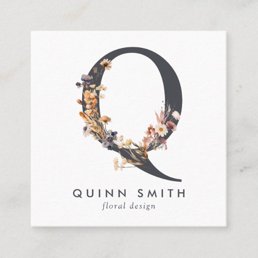 Boho Wildblume Initial Q QR Code Quadratische Visitenkarte (Vorderseite)