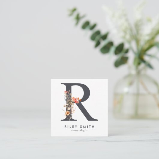 Boho Wildblume Initial R QR Code Quadratische Visitenkarte (Stehend Vorderseite)