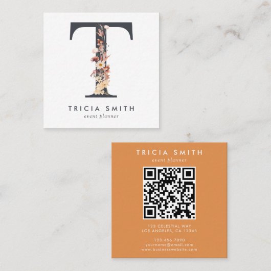 Boho Wildblume Initial T QR Code Quadratische Visitenkarte (Vorne/Hinten)