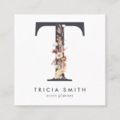 Boho Wildblume Initial T QR Code Quadratische Visitenkarte (Vorderseite)