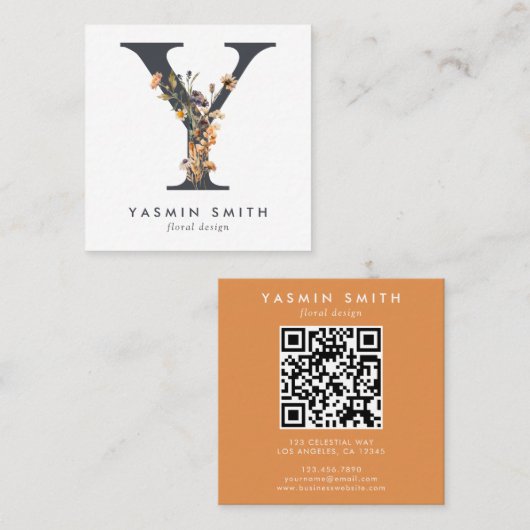 Boho Wildblume Initial Y QR Code Quadratische Visitenkarte (Vorne/Hinten)